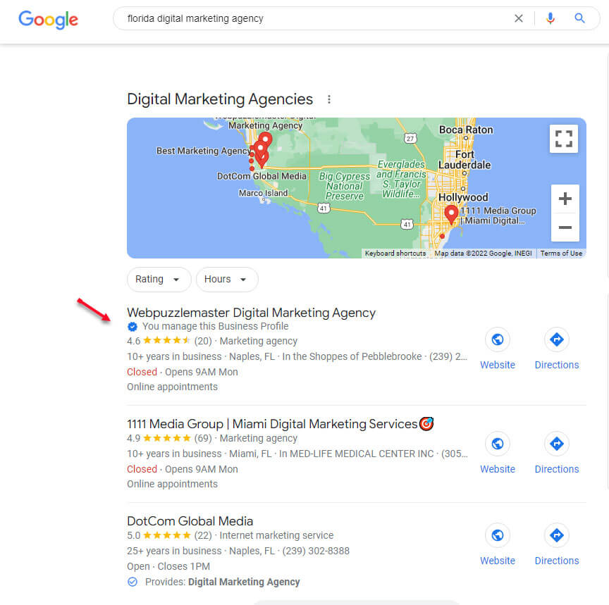Google Local Business Listing with Star Ratings and Reviews