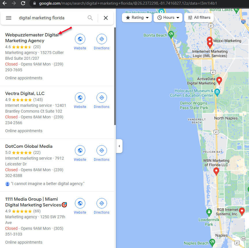 Google Maps Listing with Star Ratings and Reviews